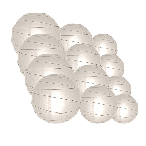 PaperLanternStore.com Round Paper Lanterns 12pcs Assorted Combo Party Pack - (12/10/8 Inch) Crisscross Ribbing, White