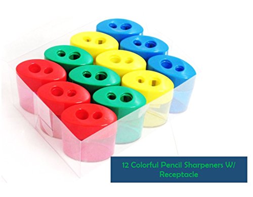 Mega Pack Of 12 Double Hole Oval Shaped Pencil Sharpener With Cover And Receptacle - Comes In 4 Colors! By Mega Stationers