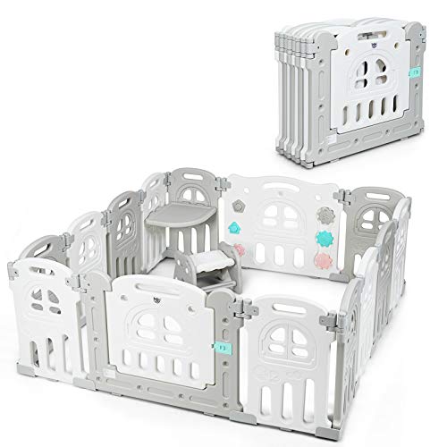 Costzon Baby Playpen Patio de juegos para niños plegable de 14 paneles, valla portátil para bebé interior al aire libre con paneles de mesa adicionales, taburete de asiento, puerta con cerradura y juguetes educativos, forma ajustable (14 paneles)
