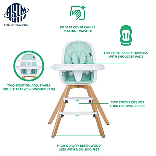Evolur Zoodle 2 in 1 Baby High Chair in Mint, Easy to Clean, Adjustable