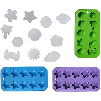 Chef Craft 21461-3PK Set of 3 Flexible Shaped Ice Cube Trays. Sun, Star, Flower, Tree and Sealife. Fun Party Combo, Silver