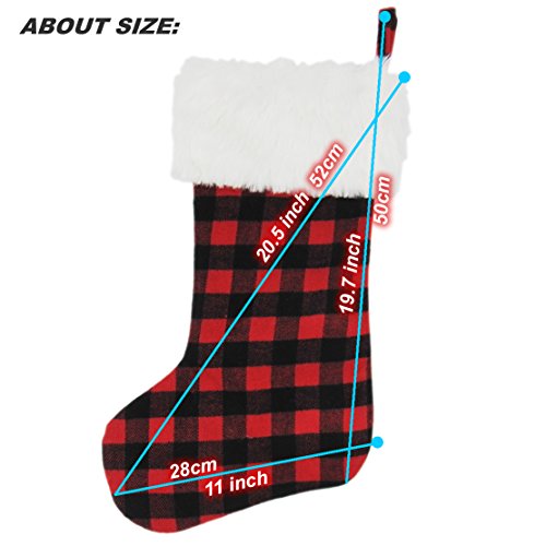 EDLDECCO 20.5 inch Christmas Snowy White Faux Fur Red and Black Plaid Stocking for Holiday party decorations gift-One Piece - Thumbnail 5
