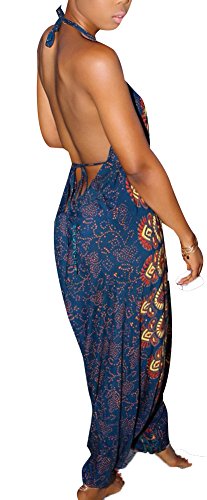 Kafiloe Womens Boho African Print Spaghetti Strap Loose Fit Harem Jumpsuit Rompers Pants Long Summer Casual Blue L