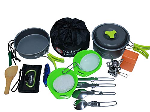 Richest Reality 17pcs Camping cookware-Designed in Japan Camp Camping Set Mess Kit Lightweight Stainless with Multi Tool Steel Gear Utensils for 2 with Stove-Provides Richest Camping Experience