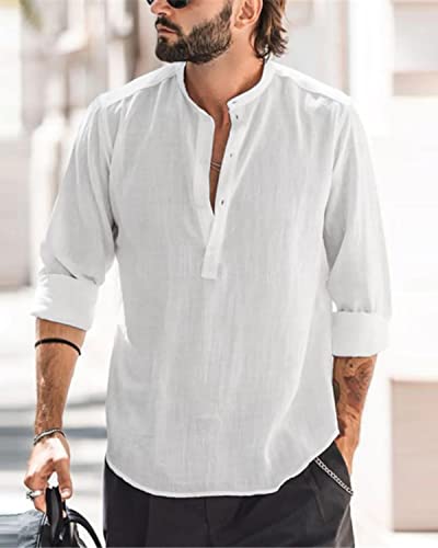 HAKJAY COTTON LINEN SHIRTS FOR MEN CASUAL SHIRTS LONG SLEEVE HENLEY BEACH SHIRTS HAWAIIAN T SHIRTS FOR MEN WHITE SMALL
