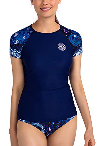 AXESEA Womens Rash Guard Short Sleeve Rashguard Swim Shirt UPF 50+ Swimsuit,Blue Margaret,US 6