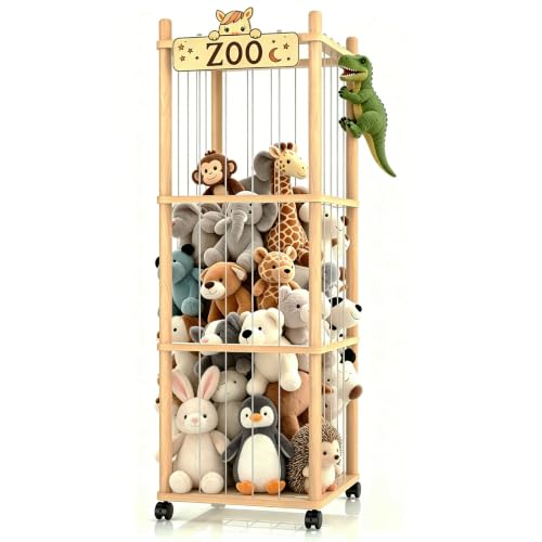Stuffed Animal Storage, Wooden Large Stuffed Animal Holder Organizer with Wheels, Extra Large Capacity Plush Toy Cage, Stuffed Animal Holder, Gift for Nursery Playroom Kidroom Bedroom