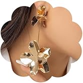 Wiwpar Large Bohemian Flower Earrings for Women Exaggerated Flower Drop Dangle Earrings Chic Stylish Flower Petal Statement Earrings for Party Prom (Gold)