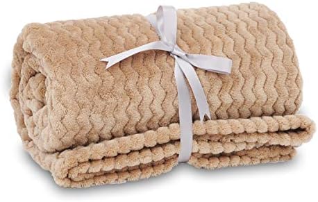 LOMAO Flannel Throw Blanket with Wave Texture Thin Soft Solid Blanket Lightweight Throw fit Sofa Couch Bed Suitable for All Season(50x60) (Khaki)