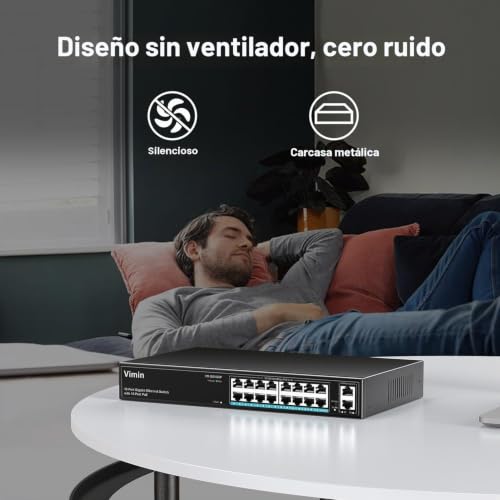 VIMIN 16 Port Gigabit PoE Switch with 2 Gigabit Uplink Port, 18-Port Unmanaged PoE Ethernet Switch with 250W Power, IEEE802.3af/at Support, VLAN, Metal Housing