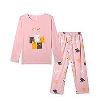 Vopmocld Young Girls Cat Pajamas Cotton Long Pjs Clothes Kids Shirts Set(Size 8-17 Years), Pink, M(12)=US 8-11 Years
