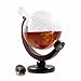 Whiskey Decanter for Spirits or Wine - Decorative Etched Glass Globe Design - Glass Ship Sculpture Inside - Artisan Quality - Dark Wood Stand - 850ml