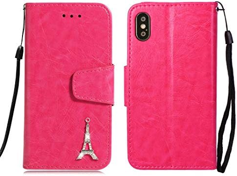 Case for iPhone Xs Max Phone Cover,Rose Red Leather Wallet Case for iPhone Xs Max,Folio Flip Case with Kickstand,Magnetic Closure,Card Slot,Women Bling Tower Book Case for iPhone Xs Max
