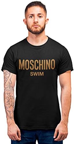 Men's Moschino Inspired Black Logo T-Shirt - Gold Sparkling Logo (Medium, Black)