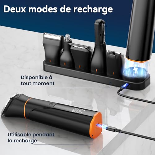 Maxgroom 6-in-1 Men's Electric Beard Trimmer with Organised Storage Base, Dual Charging Mode (Base & USB-C), Removable Magnetic Head, IPX6 Dry/Wet, Battery Life 120 Mins (Black)