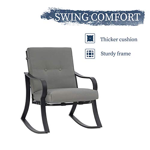 Oakmont Outdoor Furniture 3 Piece Bistro Set Patio Rocking Chairs with Warm Gray Thick Cushions, Glass Top Table, Front Porch Garden Pool Lawn