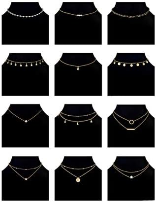 6/12/16pcs Chain Gold Bead Necklace Coin Moon Star Pearl Pendant Chain Choker Multilayer Necklace Leather Cord Set for Women Girls Adjustable Gold Tone