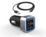 Universal High Amp Rapid Car Charger + BONUS Micro to USB Data Cable (3ft) Bundle - Charge your Smart Cell Phone, iPad, iPod or Tablet 4.8A / 24W - Dual Port with IQ technology that identifies your devices specific charging needs - Blue LED light - by ISOSGear (Black / Silver)