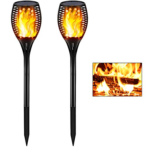 Gold Armour 2 Pack Solar Lights Upgraded - Flickering Flames Torch Solar Path Light - Dancing Flame Lighting 96 Led Dusk to Dawn Flickering Tiki Torches Outdoor Waterproof Garden (2 Pack Torch TI)