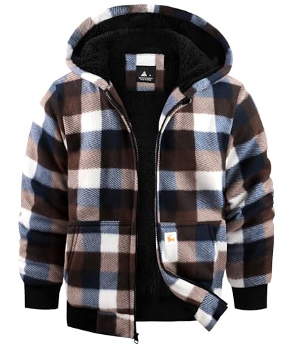 zitysport Boy Fleece Jacket Kids Winter Plaid Full-Zip Hoodie Fleece Lined Sherpa Sweatshirt Boy's Jacket Soft Warm Hooded Flannel Jacket for Children (XL, Light Khaki)