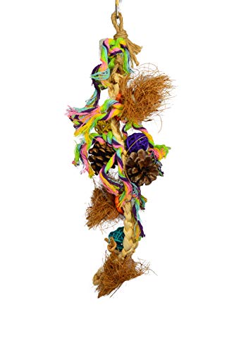 Birds LOVE Natural Hanging Chewing Parrot Stand Toy of Woven Straw w Small Wicker Ball, Pinecones, and More for Extra Bird Cage Fun for Cockatiels Conures Caiques Cockatoo Grey