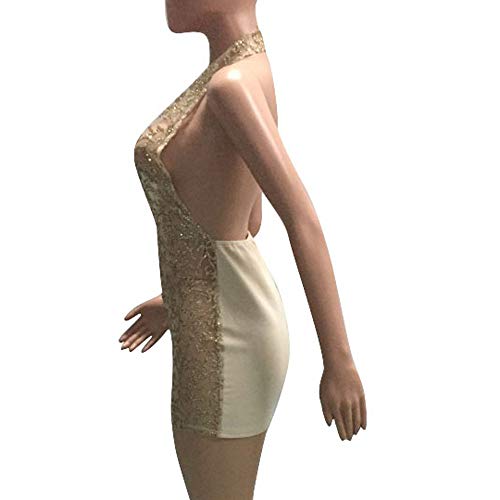 HUAMING-Clearance New Mesh Dresses,Sexy Womens Halter Dress Deep V Party Nightclub Dress Backless Sequins Mini Dress (L, Gold) - Thumbnail 4