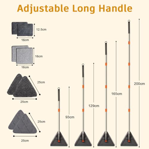 200cm Wall Cleaner Mop with Long Handle Adjustable Baseboard Mop Sweeper | Ceiling Cleaning Tool Duster, Squeegee, with Extendable Pole 2 Heads 8 Reusable Pads, for Window Floor, 3-in-1, Triangle