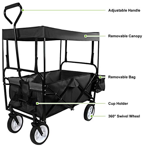 Flex HQ Collapsible Outdoor Utility Wagon Cart with Top Canopy Black with New and Improved Extra Padding