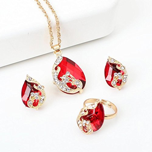 Women Jewelry ,AIMTOPPY Three-piece Peacock Crystal Set Earrings+Pendant Necklace+Adjustable Rings Jewelry Sets (Red)