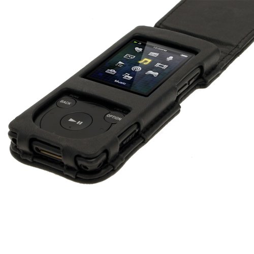 iGadgitz Black Genuine Leather Flip Case Cover for Sony Walkman NWZ-E473 NWZ-E474 NWZ-E574 NWZ-E575 E Series Video MP3 Player 4gb 8gb 16gb (NWZ-E474B, NWZ-E574B, NWZ-E575B, NWZ-E473K) - Thumbnail 2