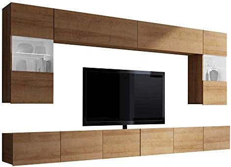 SELSEY Kirdon - Floating Wall Unit/Modern Living Room Set with Hanging Display Cabinets/Ample Storage TV Stand with LED (Golden Oak)