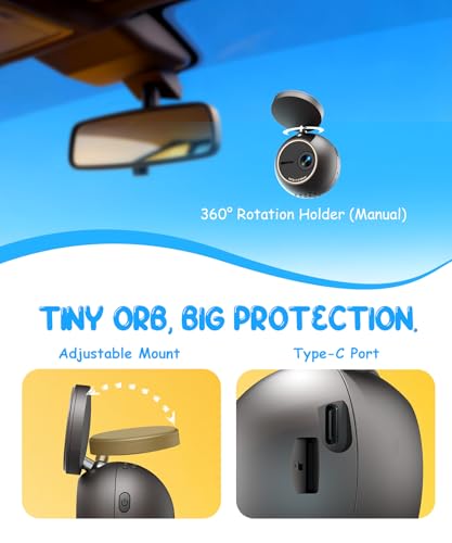 KAWA Dash CAM 2K with Controllo Vocale, Mini Telecamera Anteriore a Sfera, Support Rotable to 360°, Scheda SD da 32G, WiFi Integrato e App, Sensor G, Motore NightEagle, Monitoraggio Parcheggio 24H