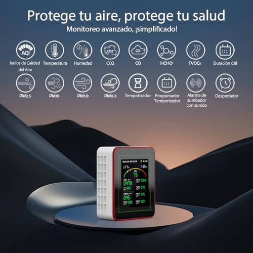 15 in 1 Indoor Air Quality Meter with App - 2 Chip Sensors Accurate CO2,PM2.5/PM10,HCHO,TVOC | Real-Time Alerts and Health Analysis | Easy Read, Ideal for Home, Office