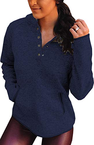 Angashion Women's Sweatshirts - Casual Button Down Asymmetrical High Neck Long Sleeve Pullover Sweatshirt Tops with Pockets 346 Navy Blue S