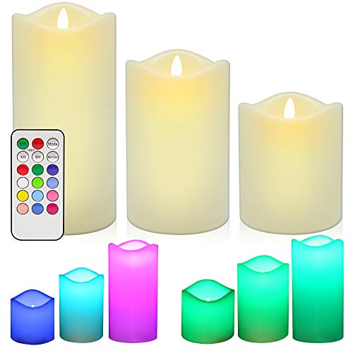 LED Flameless Candles, ANKO Multi Color Changing Battery Operated; Ivory Wax Melted Edges Candles with Timer and Remote Control (Set of 3) - Thumbnail 7