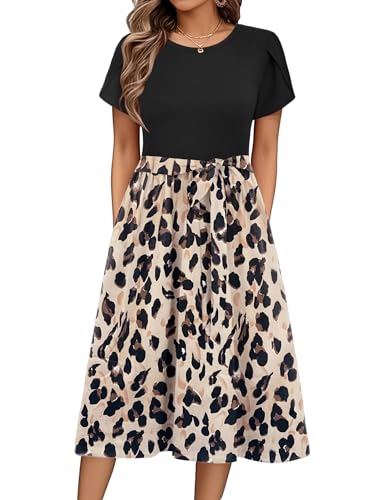 ZEAGOO Summer Dress Women's Elegant Dresses Short Sleeve Crew Neck Midi Dress A-line Flower Dress Casual Tunic Dress High Waist Beach Dress with Pockets S-XXL