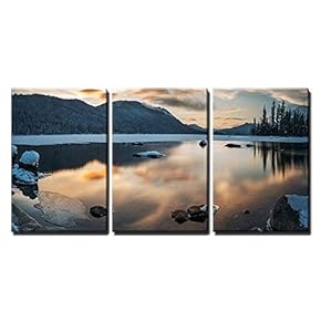 3 Piece Canvas Wall Art - Winter Landscape with Lake and Mountain - Modern Home Art Stretched and Framed Ready to Hang - 16"x24"x3 Panels