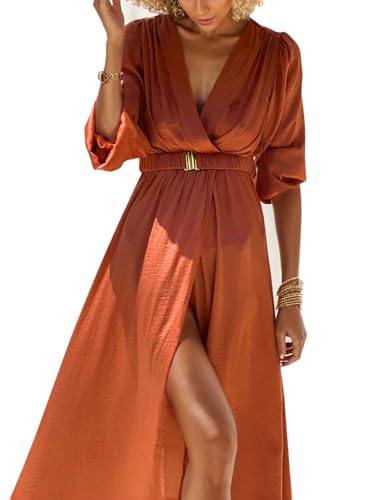 ZADORN SUMMER DRESSES FOR WOMEN 2024 CASUAL BEACH WEDDING GUEST DRESSES FOR WOMEN MAXI SUNDRESSES V NECK 3/4 SLEEVE SPLIT HEM ELASTIC WAIST BELTED WRAP PARTY COCKTAIL TRAVEL VACATION OUTFIT ORANGE