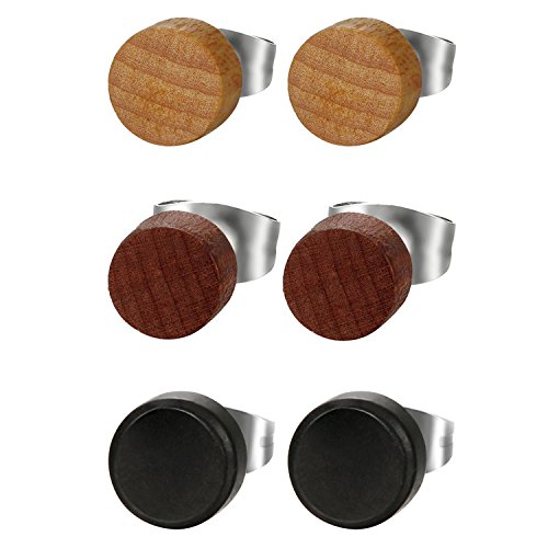 Cupimatch 3 Pairs Wood Stud Earrings for Men, Unisex Round Pierced Earrings Set 8mm (Wooden)