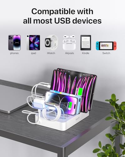 SooPii USB Charging Station Organizer for Multiple Devices, 6 Ports 50W Charging Dock with 6 Cables and Upgraded Holder Included, for Phones,Tablets and Other Electronics