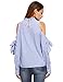 SheIn Women's Striped Ruffle Stand Collar Cold Shoulder Blouse Large Blue