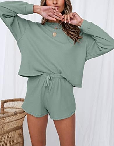 ZESICA Women's Waffle Knit Long Sleeve Top and Shorts Pullover Nightwear  Lounge Pajama Set with Pockets,Green,