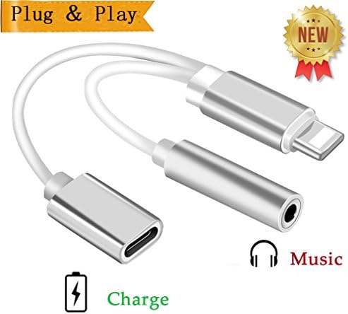 Lightning to 3.5mm Adapter for iPhone7/7 Plus iPhone X10/8/8Plus, Aux Headphone Connector Jack Audio Cable Splitter Music+ Charge Accessory, Lightning Cable Support iOS 11/10.3 or Later (Silver) …