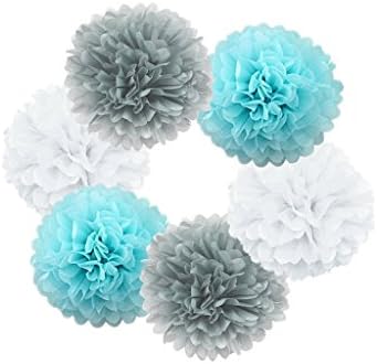 Hanzen 6 Pcs Mixed White Gray Light Blue 10 Inch Tissue Paper Pom Poms Flower Balls For Birthday Wedding Party Baby Shower Outdoor Decorations