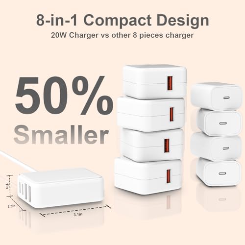 Qurzou USB Charging Station 40W, 8 Port USB C Charger Hub Multiport,PD Fast Charger Dock for iPhone,iPad,Samsung, Tablets,Fan (WHITE)