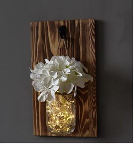 Shining Decors Glass Rustic Mason Jar with 20LED Battery Light, Wooden Board and Artificial Flower (Warm White)