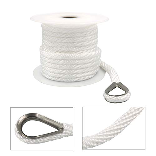 Yaegarden 3/8 Inch 50FT Solid Braid MFP Anchor Line Braided Nylon Anchor Rope/Line with Thimble, White