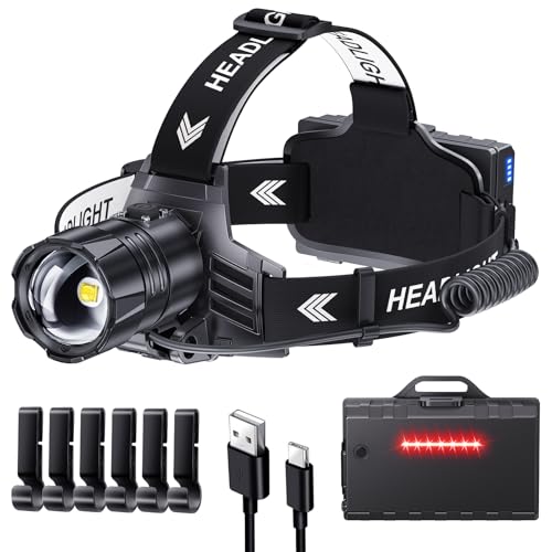 ET Head Torch Rechargeable, Super Bright 100000 LM LED Headlamp with 5 Modes & 30 Hours Runtime & IPX7 Waterproof & 120°Adjustable & Zoomable,Red Warning Headlight for Running Hiking Fishing Cycling