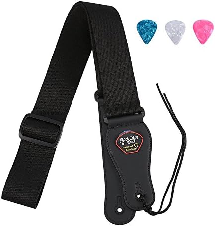 Adjustable Guitar Strap with Plectrum Holder &amp; Leather End for Acoustic and Electric Guitar &amp; Bass, Black (3 Matching Picks Included)