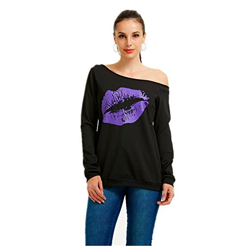 MAGICMK Women's Sexy Pullover Lips Print Casual Off The Shoulder Slouchy Shirt (XL, Black+Purple)